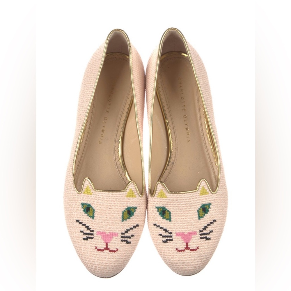 Charlotte Olympia Embroidered Canvas Kitty Ballet Flats